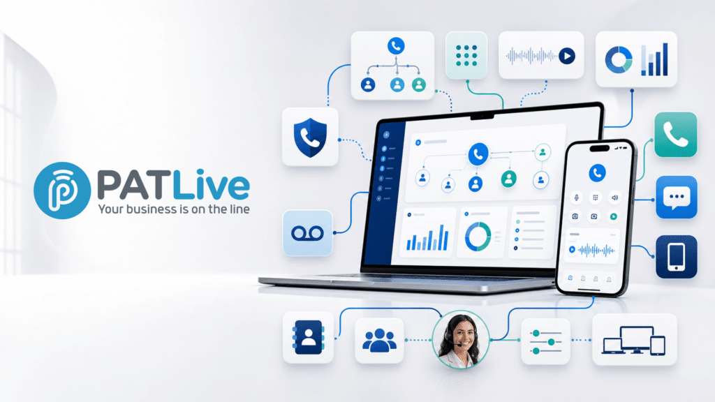 PATLive Flex communications platform displayed across laptop and mobile devices with connected call management features.